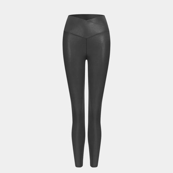 Cloudful Shine Fabric Crossover Back Pocket Foil Print Faux Leather Leggings - Picture 7 of 11